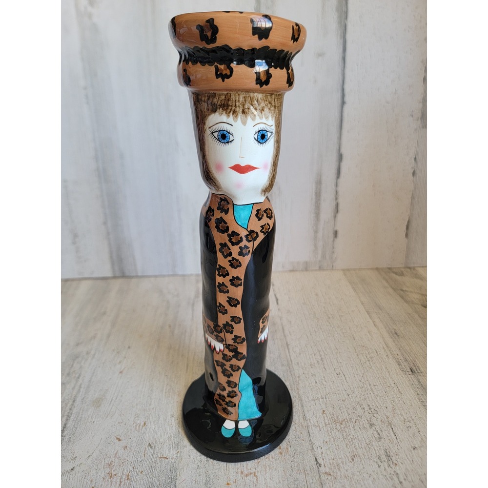 Susan Paley Lydia brown leopard coat candlestick holder Xmas ceramic home